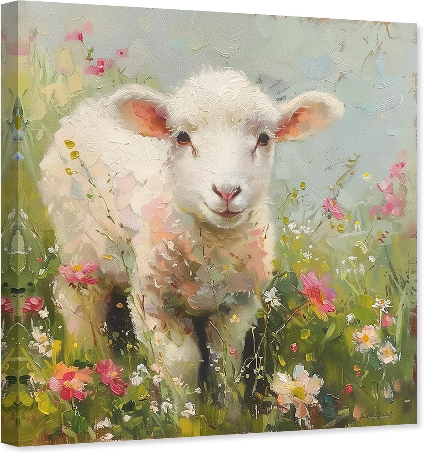 ZHONGYUTONG Sheep Canvas Wall Art Lamb and Flower Picture Rustic Cute Farm Animal Painting Country Poster for Farmhouse Decor Framed (12.00" x 12.00")