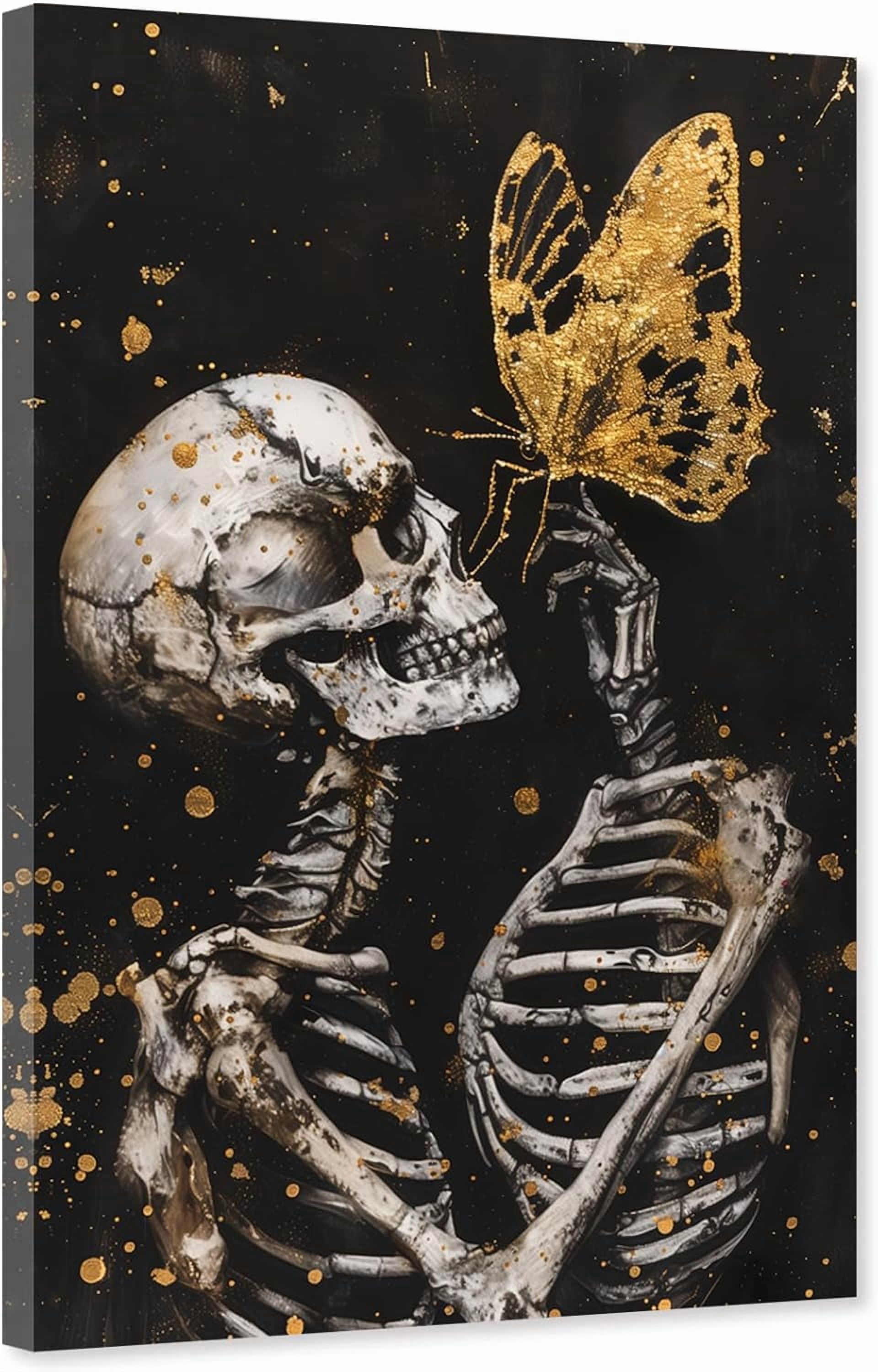 ZHONGYUTONG Skeleton Wall Art Abstract Skull Canvas Skeleton and Gold Butterfly Pictures Gothic Painting for Living Room Decor Framed (12.00" x 18.00")