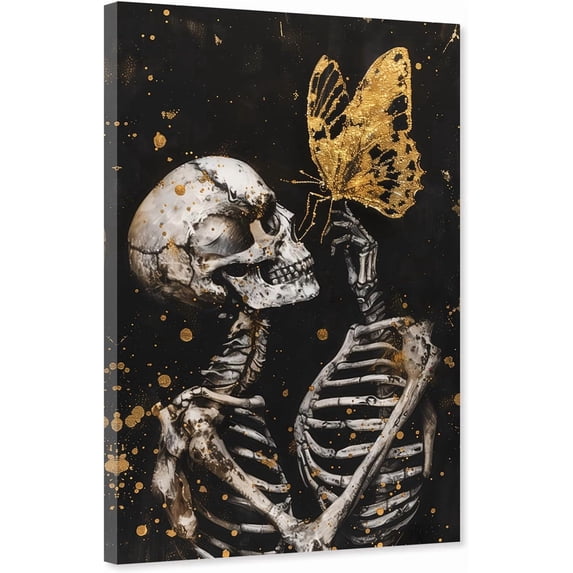 ZHONGYUTONG Skeleton Wall Art Abstract Skull Canvas Skeleton and Gold Butterfly Pictures Gothic Painting for Living Room Decor Framed (12.00" x 18.00")