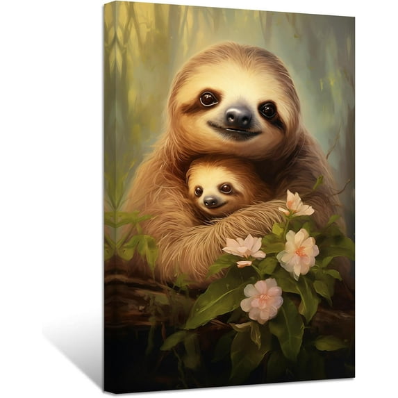 ZHONGYUTONG Sloth Wall Art Sloth Mother and Baby Picture Prints Jungle Animal Painting for Kids Room Nursery Decor Framed (12.00" x 18.00")
