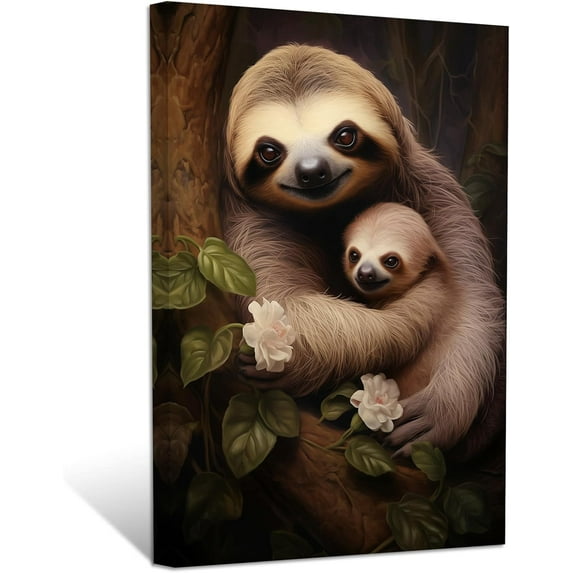 ZHONGYUTONG Sloth Wall Art Sloth Mother and Baby Picture Prints Jungle Animal Painting for Kids Room Nursery Decor Framed (16.00" x 24.00")