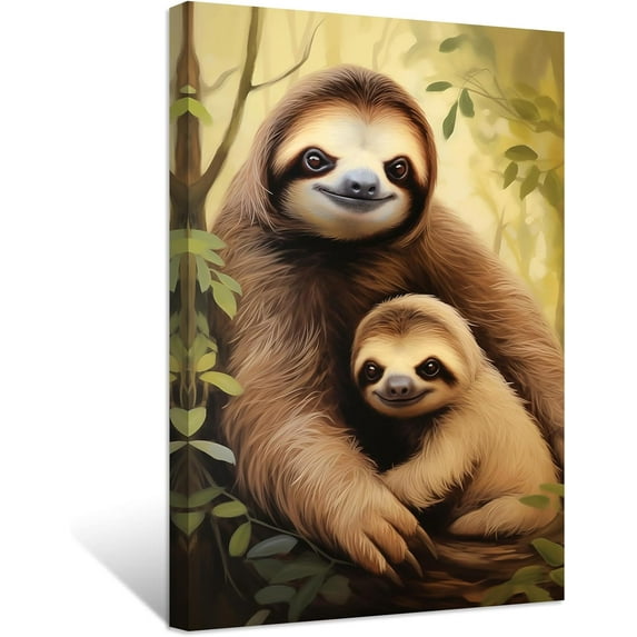 ZHONGYUTONG Sloth Wall Art Sloth Mother and Baby Picture Prints Jungle Animal Painting for Kids Room Nursery Decor Framed (28.00" x 42.00")