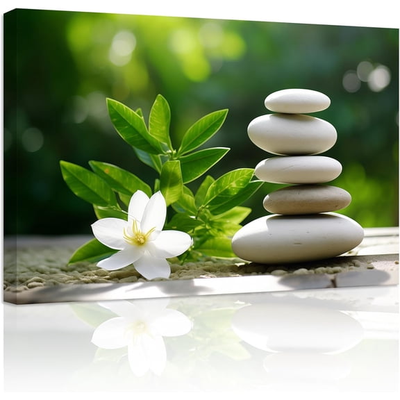 ZHONGYUTONG Spa Bathroom Wall Art Zen Stones & Flowers Green Leaves Paintings Meditation Canvas Prints Spa Artwork Spiritual Wall Decor Framed (12.00" x 18.00")