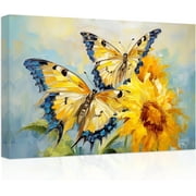 ZHONGYUTONG Sunflower Canvas Wall Art Blue Butterfly Yellow Flowers Pictures Prints Bathroom Artwork for Country Farmhouse Office Wall Decor 12.00" x 18.00"