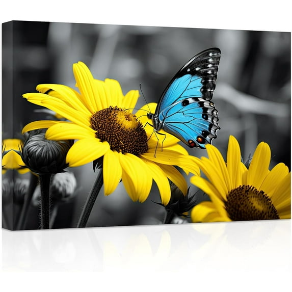 ZHONGYUTONG Sunflower Canvas Wall Art Blue Butterfly Yellow Flowers Pictures Prints Bathroom Artwork for Country Farmhouse Office Wall Decor (20.00" x 30.00")