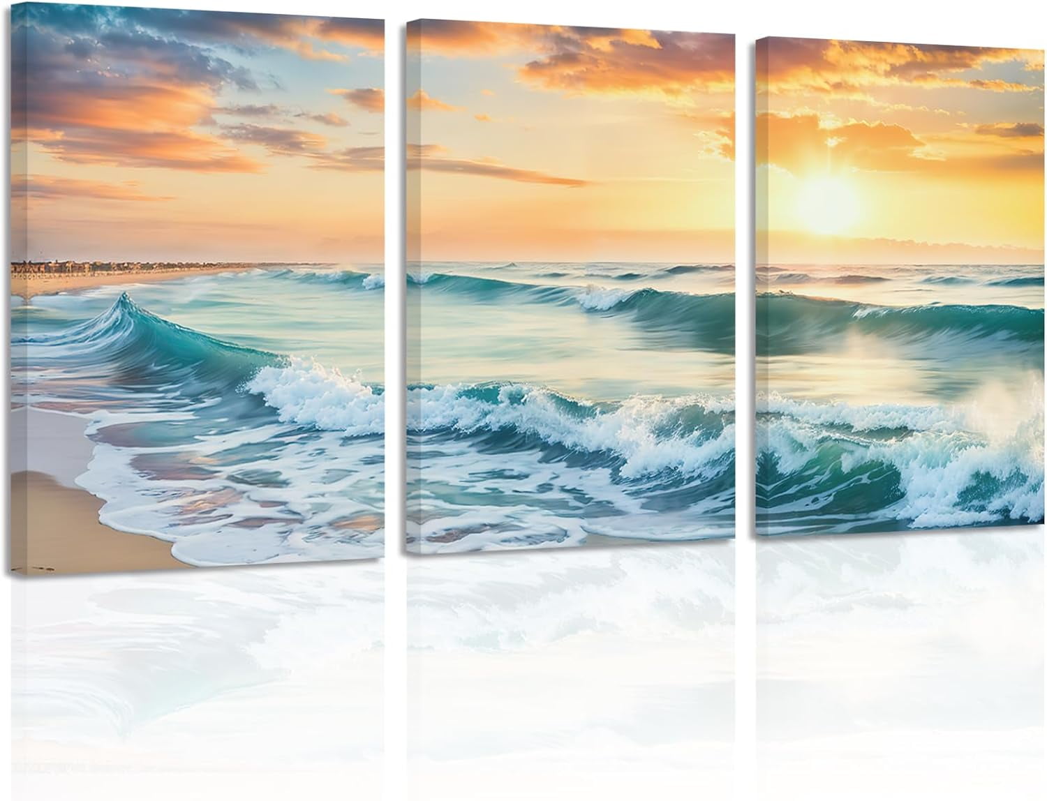 Sunset Beach Ocean Waves Canvas Wall Art Set