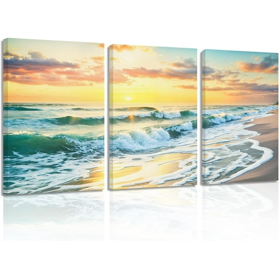 ZHONGYUTONG Sunset Beach Wall Art 3 Pieces Ocean Waves Pictures Seascape Paintings Prints Home Decor for Bathroom Living Room Framed (11.00" x 14.00" x 3PCS)