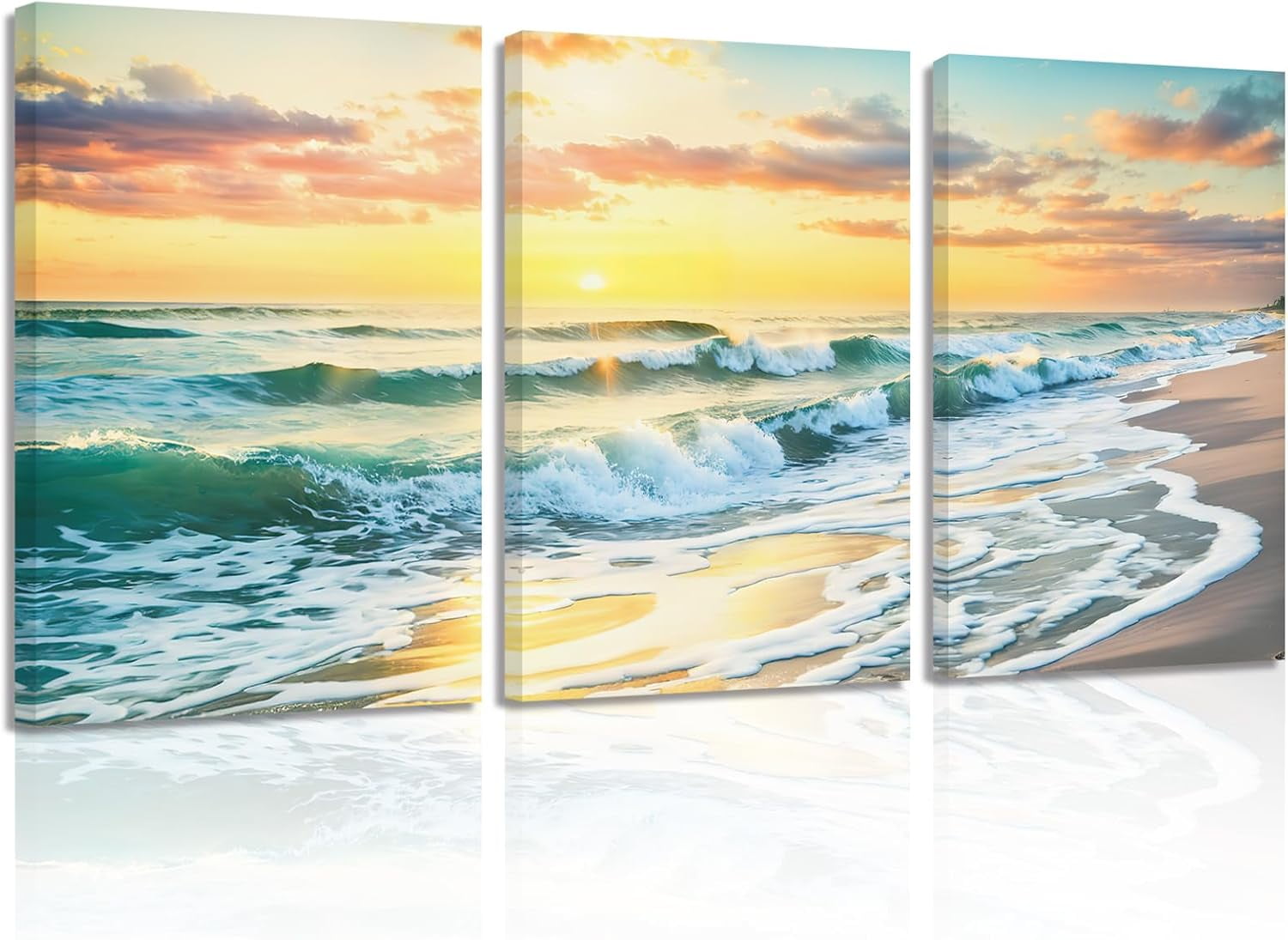 Sunset Beach Ocean Waves Canvas Wall Art Set