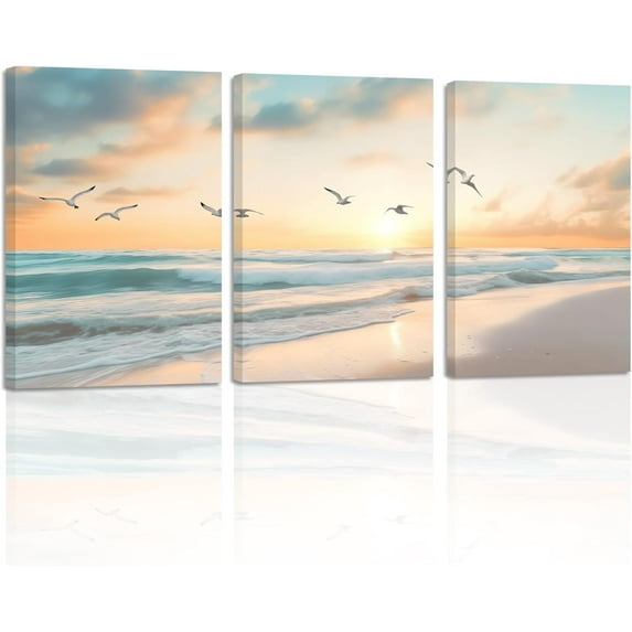 ZHONGYUTONG Sunset Beach Wall Art 3 Pieces Seagulls Flying Ocean Waves Pictures Seascape Paintings Prints Home Decor for Bathroom Living Room Framed (12.00" x 16.00" x 3PCS)