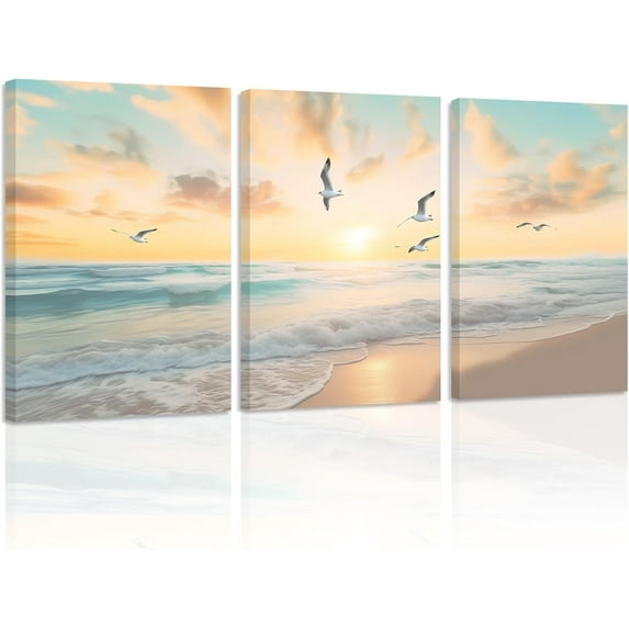 ZHONGYUTONG Sunset Beach Wall Art 3 Pieces Seagulls Flying Ocean Waves Pictures Seascape Paintings Prints Home Decor for Bathroom Living Room Framed (24.00" x 36.00" x 3PCS)