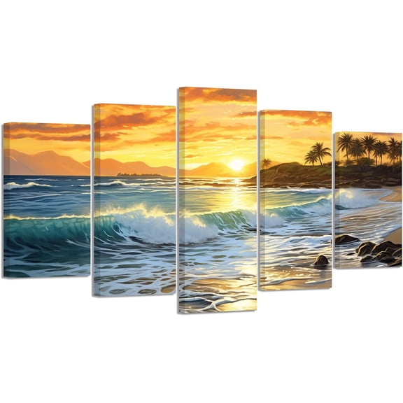 ZHONGYUTONG Sunset Beach Wall Art 5 Pieces Ocean Waves with Palm Trees Pictures Canvas Prints Seascape Paintings Modern Artwork for Lving Room Office Framed (16"x24"x2 16"x32"x2 16"x40"x1)