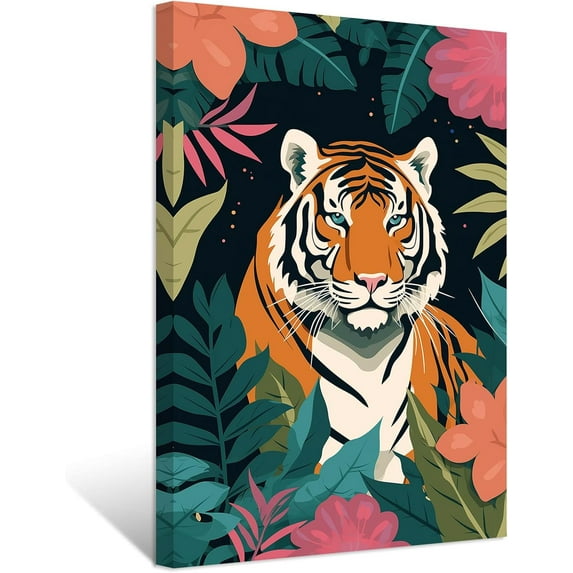 ZHONGYUTONG Tiger Canvas Wall Art Botanical Jungle Tiger Picture Prints Boho Animal Painting Bathroom Nursery Decor Framed (12.00" x 18.00")