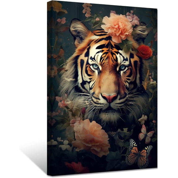 ZHONGYUTONG Tiger Canvas Wall Art Tiger Head with Flowers Painting Prints Wild Animals Portrait Picture for Office Home Decor Framed (24.00" x 36.00")
