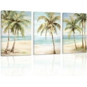 ZHONGYUTONG Tropical Beach Wall Art 3 Pieces Seaside Palm Tree Picture Print on Canvas Seascape Artwork Rustic Ocean Bathroom Decor Framed 11.00" x 14.00" x 3PCS
