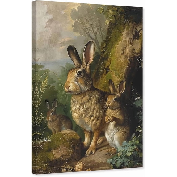 ZHONGYUTONG Vintage Rabbit Canvas Wall Art Brown Bunny Picture Print Forest Hare Easter Animal Painting for Nursery Decor Framed (12.00" x 18.00")