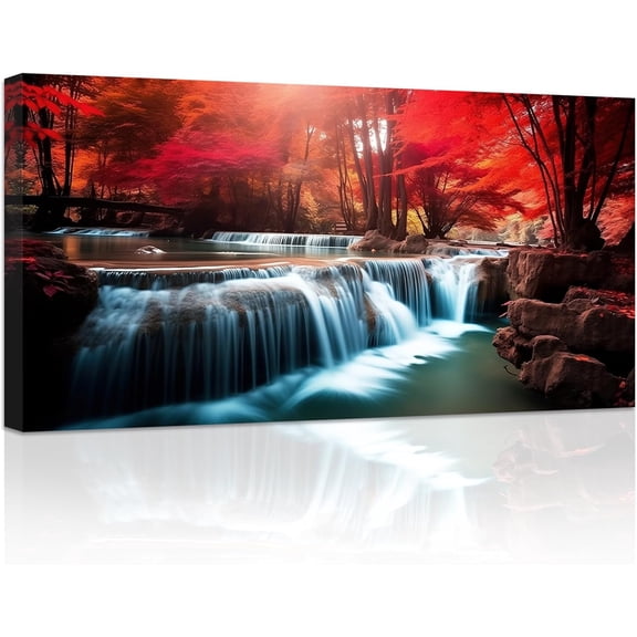 ZHONGYUTONG Waterfall Canvas Wall Art Autumn Forest Painting Red Trees Picture Prints Nature Landscape Wall Decor for Living Room Office Framed (16.00" x 32.00")