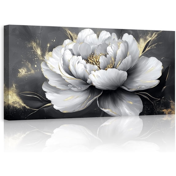 ZHONGYUTONG White Floral Canvas Wall Art Large Flower Gold Pictures Wall Decor Minimalist Lotus Paintings for Living Room Bedroom Decor Framed (12.00" x 24.00")