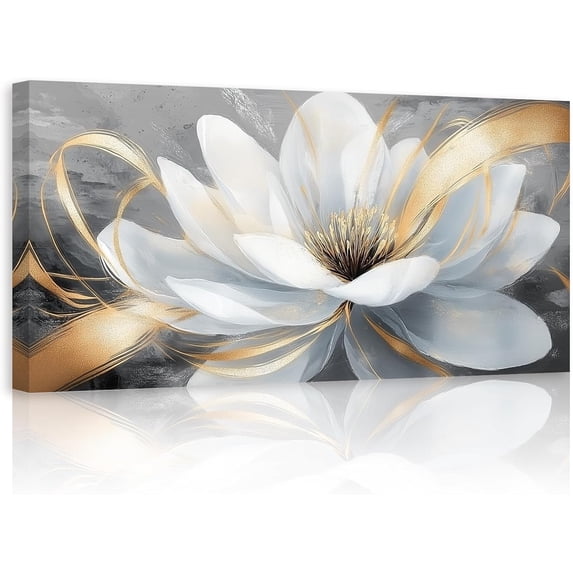ZHONGYUTONG White Floral Canvas Wall Art Large Flower Gold Pictures Wall Decor Minimalist Lotus Paintings for Living Room Bedroom Decor Framed (18.00" x 36.00")