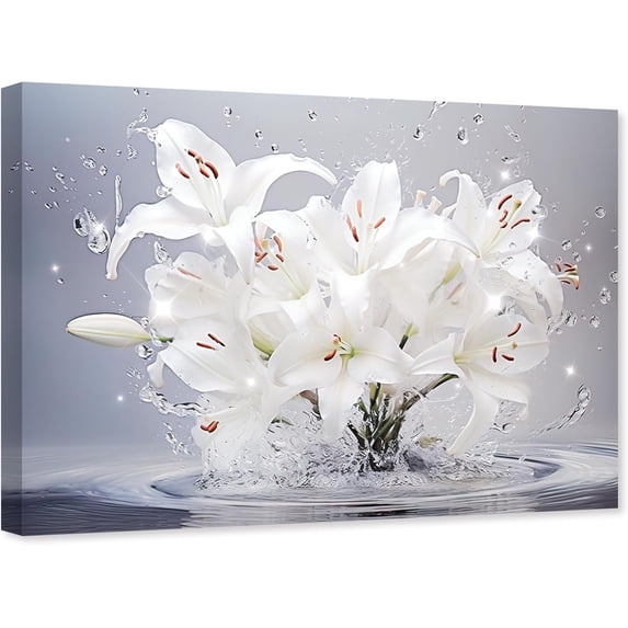 ZHONGYUTONG White Lily Flower Wall Art Canvas Floral Blooming in Water Pictures Still Life Painting for Bathroom Decor Framed (12.00" x 18.00")