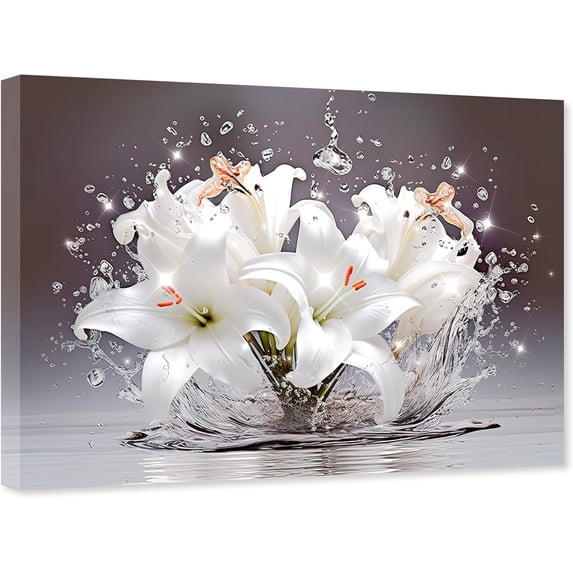 ZHONGYUTONG White Lily Flower Wall Art Canvas Floral Blooming in Water Pictures Still Life Painting for Bathroom Decor Framed (16.00" x 24.00")