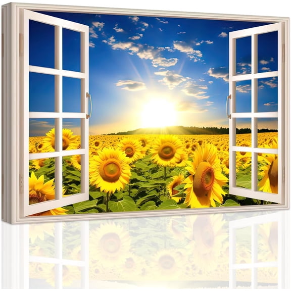 ZHONGYUTONG Window Wall Art and Pictures Sunflower Painting Wall Decor Yellow Floral Canvas Print Nature Landscape Artwork for Farmhouse Bathroom Framed (16.00" x 24.00")
