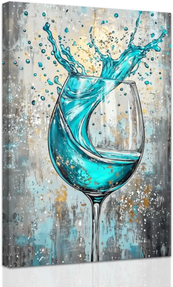 ZHONGYUTONG Wine Canvas Wall Art for Kitchen Prints Teal Wine Glass Picture Modern Kitchen Restaurant Dinning Room Bar Wall Decor Framed (12.00" x 18.00")