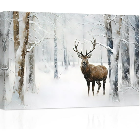 ZHONGYUTONG Winter Forest Snow Scene Canvas Wall Art Elk Deer Hunting Poster Prints Animal Picture Artwork Christmas Home Decor Ready to Hang (24.00" x 36.00")