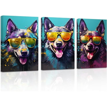 ZHONGYUTONG Wolf Canvas Wall Art 3 Pieces Wolf Wearing Glasses Poster Prints Abstract Colorful Animal Paintings Home Decor Framed (11.00" x 14.00" x 3PCS)