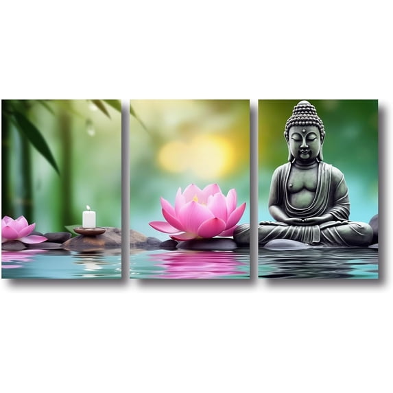 ZHONGYUTONG Zen Bathroom Wall Art 3 Pieces Buddha Water Lily Green Bamboo Candle Picture Prints Lotus Flower Canvas Poster Spa Artwork Meditation Room Decor (20.00" x 28.00" x 3PCS)