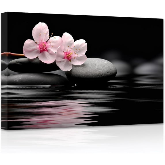 ZHONGYUTONG Zen Bathroom Wall Art Pebble Stones Pink Floral on Water Canvas Prints Spiritual Picture Artwork for Office Yoga Spa Meditation Room Framed (12.00" x 18.00")