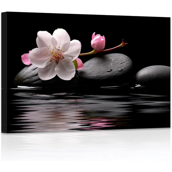 ZHONGYUTONG Zen Bathroom Wall Art Pebble Stones Pink Floral on Water Canvas Prints Spiritual Picture Artwork for Office Yoga Spa Meditation Room Framed (24.00" x 36.00")