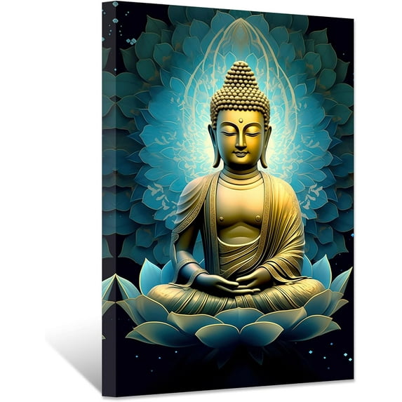 ZHONGYUTONG Zen Canvas Wall Art Buddha Painting with Lotus Flowers Pictures Prints Spa Artwork Office Decor for Spiritual Meditation Yoga Room Framed (12.00" x 18.00")