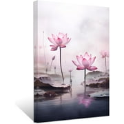 ZHONGYUTONG Zen Canvas Wall Art Pink Lotus Flower Leaf Paintings Blooming Water Lily Floral Pictures Prints Spa Artwork for Meditation Spiritual Room Framed 12.00" x 18.00"