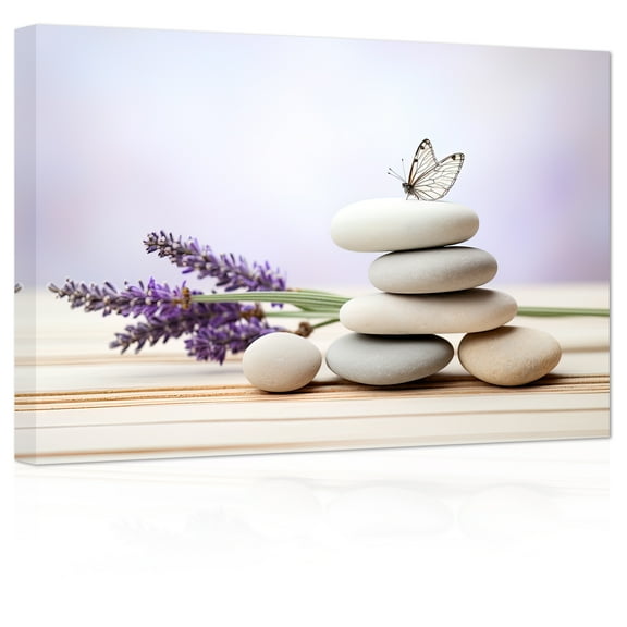ZHONGYUTONG Zen Canvas Wall Art Purple Lavender Stone Butterfly Picture Spiritual Painting (12"x18")