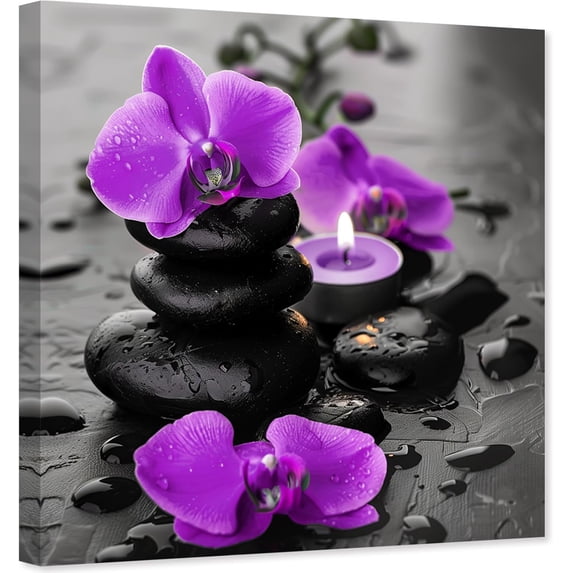 ZHONGYUTONG Zen Canvas Wall Art Purple Orchid Flower Pictures Zen Stones Artwork Spa Meditation Painting for Bathroom Yoga Decor Framed (12.00" x 12.00")