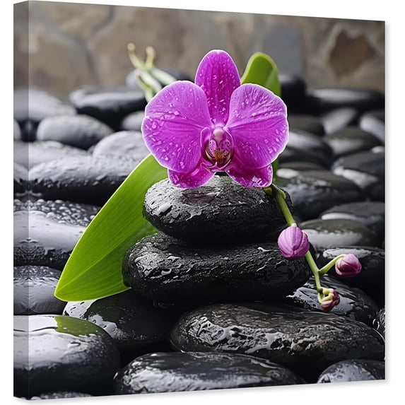 ZHONGYUTONG Zen Canvas Wall Art Purple Orchid Flower Pictures Zen Stones Artwork Spa Meditation Painting for Bathroom Yoga Decor Framed (18.00" x 18.00")