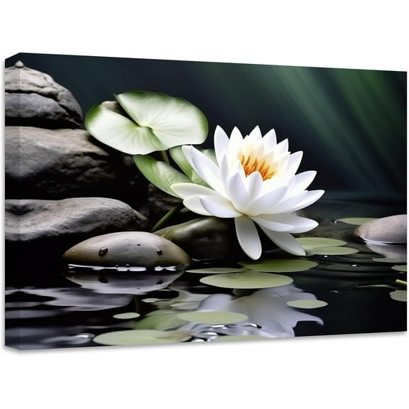 ZHONGYUTONG Zen Canvas Wall Art Stone Lotus Flower Picture Prints Water Lily Nature Spa Painting Bathroom Artwork for Meditation Spiritual Room Decor (12.00" x 18.00")
