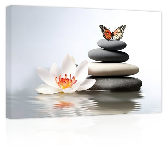 ZHONGYUTONG Zen Canvas Wall Art Stones Lotus Flowers Butterfly Pictures Prints Spa Decor (12"x18")