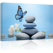 ZHONGYUTONG Zen Picture Bathroom Wall Art Stone Teal Butterfly White Flowers Canvas Prints Blue Artwork Spiritual Wall Decor for Yoga Spa Meditation Room 12.00" x 18.00"