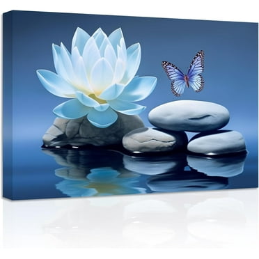 ZHONGYUTONG Zen Picture Lotus Wall Art Stone Butterfly Water Lily Canvas Prints Teal Blue Bathroom Wall Decor Spiritual Artwork for Yoga Spa Meditation Room (12.00" x 18.00")