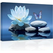ZHONGYUTONG Zen Picture Lotus Wall Art Stone Butterfly Water Lily Canvas Prints Teal Blue Bathroom Wall Decor Spiritual Artwork for Yoga Spa Meditation Room 12.00 x 18.00