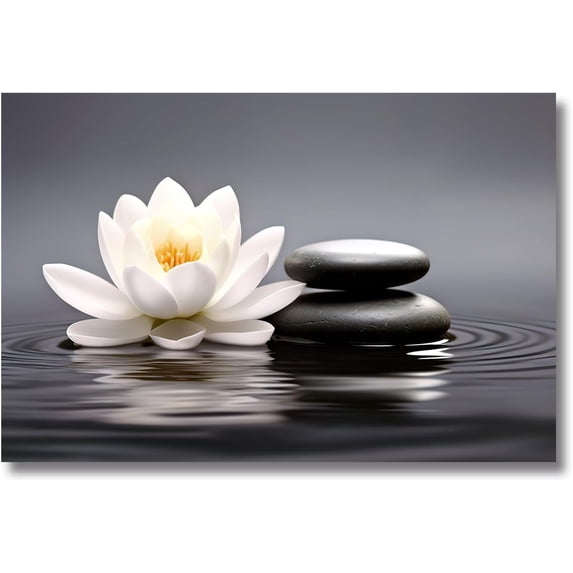 ZHONGYUTONG Zen Pictures White Lotus Wall Art Water Lily Stone Water Canvas Prints SPA Artwork Still Life Meditation Yoga Wall Decor for Bathroom (16.00" x 24.00")