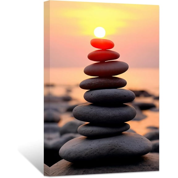ZHONGYUTONG Zen Sunset Stone Wall Art Seaside Rocks Canvas Picture Spiritual Prints Bathroom Relaxing Artwork for Office Yoga Spa Meditation Room Framed (12.00" x 18.00")
