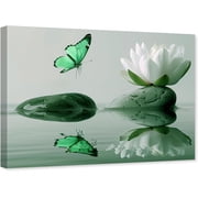 ZHONGYUTONG Zen Wall Art Canvas Lotus Flower and Green Butterfly Pictures Spa Stones Painting Meditation Spiritual Bathroom Wall Decor Framed 12.00" x 18.00"