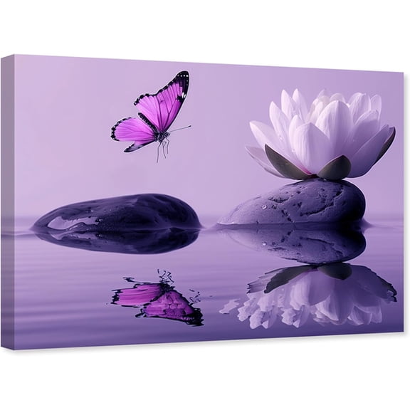 ZHONGYUTONG Zen Wall Art Canvas Lotus Flower and Purple Butterfly Pictures Spa Stones Painting Meditation Spiritual Bathroom Wall Decor Framed (12.00" x 18.00")