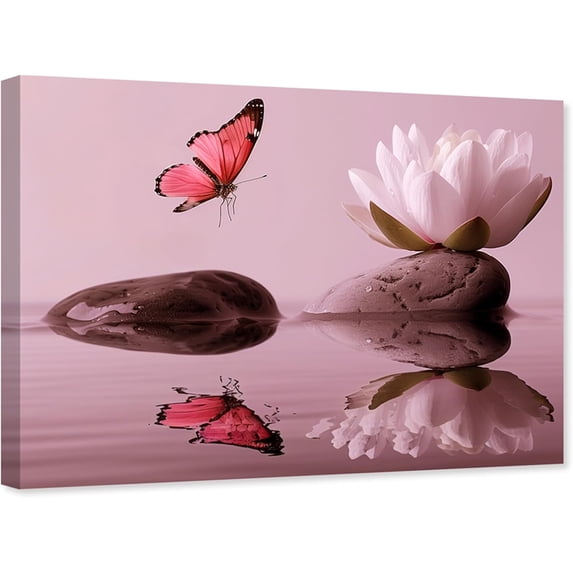 ZHONGYUTONG Zen Wall Art Canvas Lotus Flower and Red Butterfly Pictures Spa Stones Painting Meditation Spiritual Bathroom Wall Decor Framed (16.00" x 24.00")