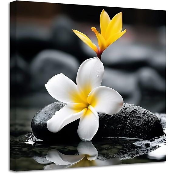 ZHONGYUTONG Zen Wall Art Frangipani with Spa Stone Picture Prints Meditation Canvas Paintings Yoga Bathroom Artwork Spiritual Wall Decor Framed (12.00" x 12.00")