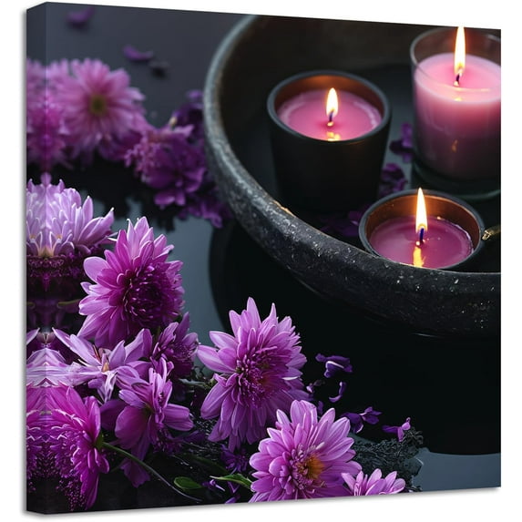 ZHONGYUTONG Zen Wall Art Purple Lotus with Candle Picture Prints Meditation Canvas Paintings Spa Bathroom Artwork Yoga Spiritual Wall Decor Framed (18.00" x 18.00")