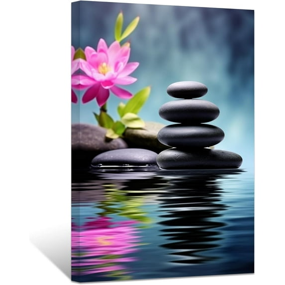 ZHONGYUTONG Zen Wall Art Stones Pink Lotus on Water Canvas Prints Spiritual Picture Bathroom Relaxing Artwork for Office Yoga Spa Meditation Room Framed (24.00" x 36.00")