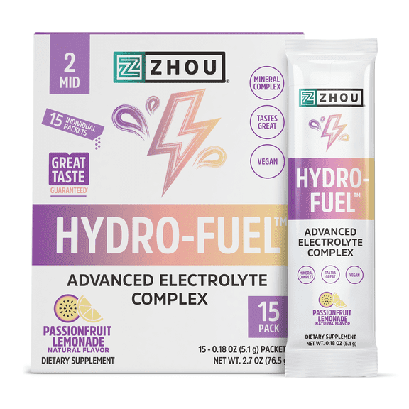 ZHOU Hydro-Fuel Electrolytes Powder Stick Packs, Pre/Post Workout Hydration Drink Mix - Electrolyte Packets w/ Magnesium, Potassium, Zinc - Sugar Free, Vegan, Gluten Free, Passionfruit Lemonade, 15ct